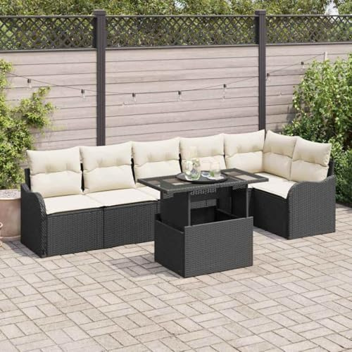 Ordellia 7-delad loungesoffa set av svart polyrattan med kudde, modulär hållbar, för terrass, trädgård och balkong, 6 sittplatser