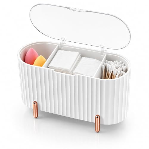 Cotton Pad Storage Box Make Up Organiser Storage Makeup Pads Container | 3 Compartments Cotton Swab Holder Pad Dispenser QTip Holder with Clear Lid for Cottons Buds Cottons Tips Beauty Eggs