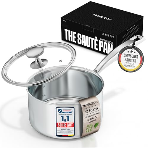 MORLEOS Casseruola in acciaio inox – 1,7 litri, Ø 16 x 10 cm, 1,3 kg – con coperchio in vetro moderno e piatto – piccola pentola a risparmio energetico in 5 strati – induzione