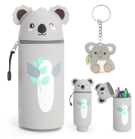 YPLANGENT Trousse Scolaire Silicone 2 en 1 Koala, Étui à Crayons Kawaii avec Zip et Porte-Clés Koala, Pot à Stylos Extensible pour Bureau, Voyage et Dessin