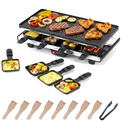 COSTWAY Raclette Grill 8 Person, 2-in-1 Electric Grill & Griddle, 1400W | Reversible Nonstick Plate, 8 Pans, 8 Wooden Spatula, Tong, Adjustable Temperature, Dishwasher Safe, Indoor Outdoor Use