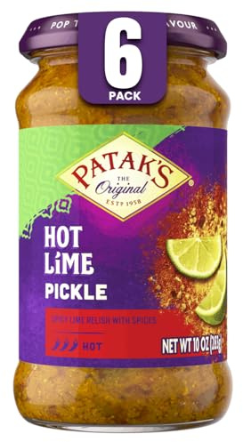 Patak’s Hot Lime Pickle - Authentic Indian Relish w/Lime Dices, Mustard Seeds & Aromatic Spices - Perfect for Sandwiches, Curries, Salads & Cold Meats - Vegan Spicy Pickle - 10oz Jar (Pack of 6)
