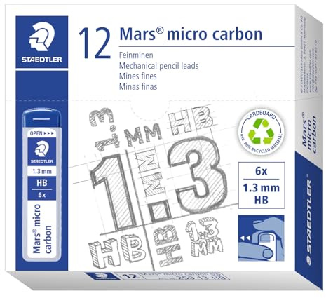 STAEDTLER 250 13-HB Mars Micro Feinminen, Minendurchmesser 1,3 mm, HB, 12 Stück, graphitgrau, 250 13-HB VE | Bruchfeste Feinminen, weiches Schreibgefühl – stabil, in Dose – Art.-Nr. 250 13-HB