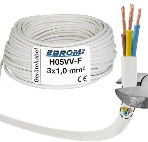 EBROM Schlauchleitung Gerätekabel H05VV-F 3x1,0 mm², weiß, Länge: 100 m | wählbar in 10m, 25m, 50m oder 100m - flexibel RUND - 3x1 mm2 - z.B. für Haushaltsgeräte Elektrowerkzeuge Verlängerung