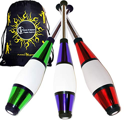 Juggle Dream EURO PRO Jongleringsklubbar set med 3 (12 färgkombos!) Metallic Deco Trainer Clubs + Flames N Games resväska! Bra klubbjongleringsset för nybörjare och avancerade jonglerare!