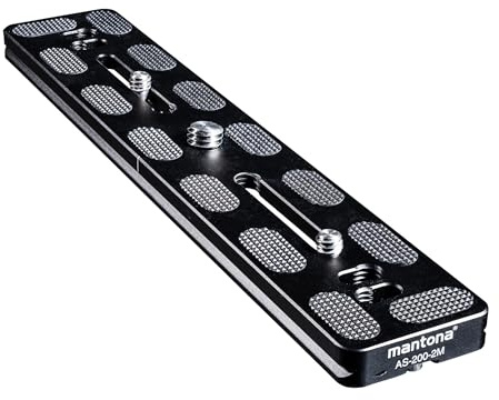 Mantona AS-200-2M Schnellwechselplatte Arca-Swiss kompatibel 200 x 38 mm Aluminium mit 1/4 und 3/8 Schrauben, Gummipuffern und Mittenmarkierung