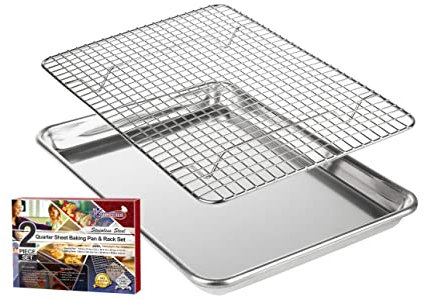 KITCHENATICS Kleine Viertel Blech-Backform mit Rost, Edelstahl-Grillrost und Aluminium-Backform, Toast-Ofenblech mit Abkühlgitter, 1/4-Blechpfanne und Gitterrost-Set – 24,4 x 33 cm