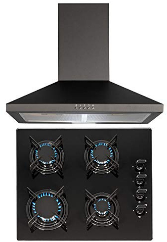 SIA 60cm Black 4 Burner Gas On Glass Hob And Pyramid Chimney Cooker Hood Fan