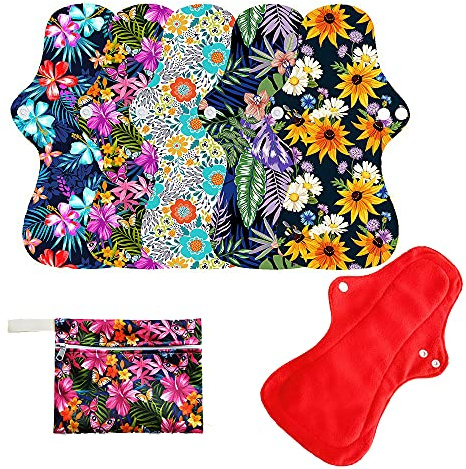 6Pcs Resuable Waterproof Menstrual Pad Sets Including 1Pc Mini Wet Bag and 5Pcs Heavy Flow Red Color Microfleece Stay Dry Menstrual Pads Mama Cloth Sanitary Napkins…