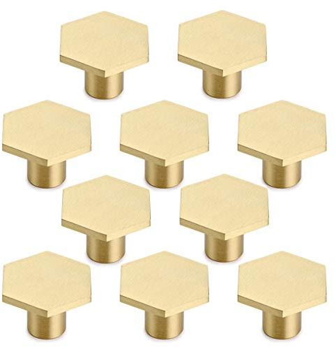 Wuudi 10Pcs Solid Brass Hexagon Knobs with Screw for Cupboard, Desk, Drawer, Dresser Drawer, Gold (30 x 21mm)