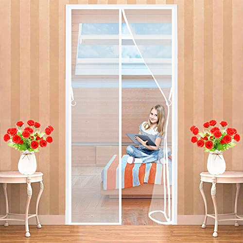Magnetic Fly Screen Door 110 x 200 cm Mesh Fly Curtain Keep Insects Out - with Full Frame Hook and Loop - Shuts Automatically Without Drilling (640 size) - White