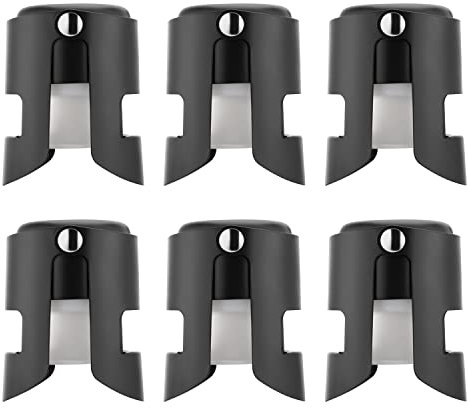 OUWO Champagne Sealer Stopper，6 Pack Stainless Steel Sparkling Wine Bottle Stoppers，Leak-Proof Bubble Retaining Saver，Reusable Wine Cork Keeps Wine Fresh，Champagne，Prosecco,Cava and Sparkling (Black)