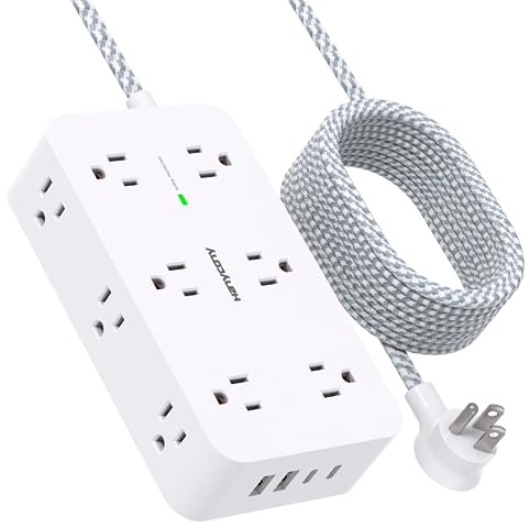 Extension Cord 10 Ft, HANYCONY Surge Protector with 12 Outlets 4 USB Ports (2USB C), Large Desk Power Strip with Long Cord, Flat Plug, Wall Mount for Office Home College Dorm Room Essentials, White