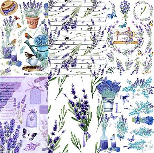 Lavendel-Thema Maulbeere Reispapier, 20,5 x 26,5 cm – 6 x verschiedene bedruckte Maulbeerpapierbilder, 30 g/m², sichtbare Fasern für Decoupage-Bastelarbeiten, gemischte Medien, Collage-Kunst