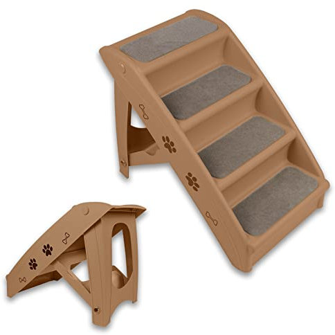 Froadp 4 Stufige Hundetreppe Katzentreppe Klappbar mit Stabiler Stützstangen für Sofa Auto Bett 60cm Hoch Haustiertreppe aus PP-Kunststoff mit Rutschfesten Stufen für Kleine Hunde Katze (Braun)