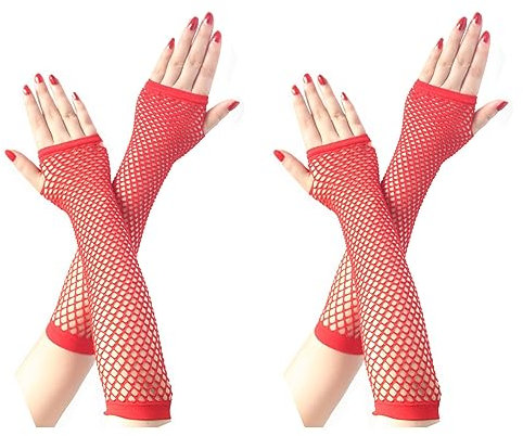 COSFAN 2 Paar Lange Netzhandschuhe, Damen Fingerlose Mesh Handschuhe, Mädchen Hohle Handschuhe für 80er Jahre Kostüm Tanz Party (Rot)