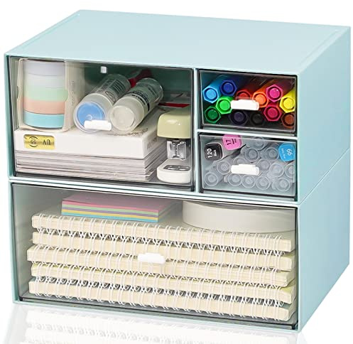 Schreibtisch Organizer mit Schublade, Blau Make up Organizer mit großer Kapazität, Stapelbare Schreibwaren Aufbewahrungsbox Kunststoff-Aufbewahrungsschubladen für Büro Schule Büroartikel Zuhause (B)