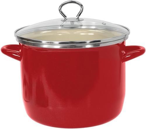 Vasconia,8 Quart Suppentopf mit Glasdeckel (rot) Suppentopf für alle Serien (Emaille auf Stahl), Nudeln, Chili