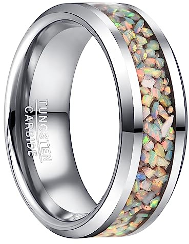 Vakki Anello in tungsteno, 8 mm, da uomo con opale di fuoco, per fedi nuziali, anelli per partner, compleanno, taglia 54,4 – 67,2 (17,3 – 21,4), 57(18.1), Metallo non prezioso