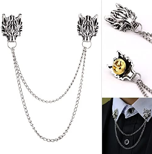 ASFKIPMF 1pc Silver Chain Men's Black tie Nails Chain Dragon Wolf Tiger Brooches Collar Pins Ginkgo Biloba Lapel Pin Brooch Pins Men Lapel Collar Pins Shirt Decoration Metal Tie Clips Brooch