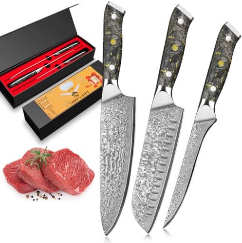 BILLION DUO Damastmesser Set 3-teilig, Profi Kochmesser Damaststahl Küchenmesserset aus Chefmesser und Santokumesser, 67 Schichten Edelstahlkern, einzigartigem Karbonfaser&Blattgold Handgriff