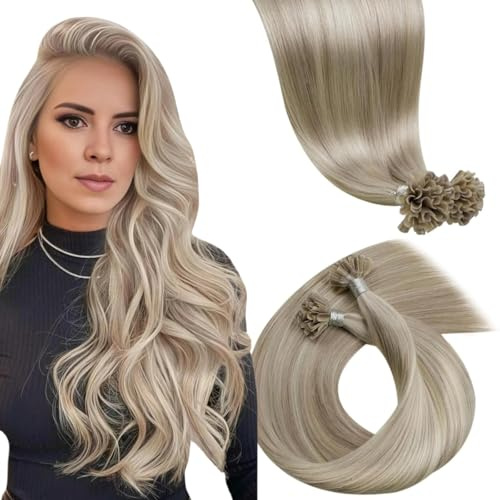 LaaVoo Keratin Bonding Extensions Echthaar Blond Hightlight Extensions Echthaar U Tip 1g Ashblond Hot Fusion Keratin Haarverlängerung Echthaar Bonding Blond 45cm 1g/s 50g #18/613