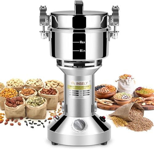 INSELY 700g Grain Mill Grinder，Stainless Steel Grain Mill for Flour Nut Pill Wheat Corn Herbs Spices & Seasonings Dry Grinder Electric Machine Grinder for Kitchen