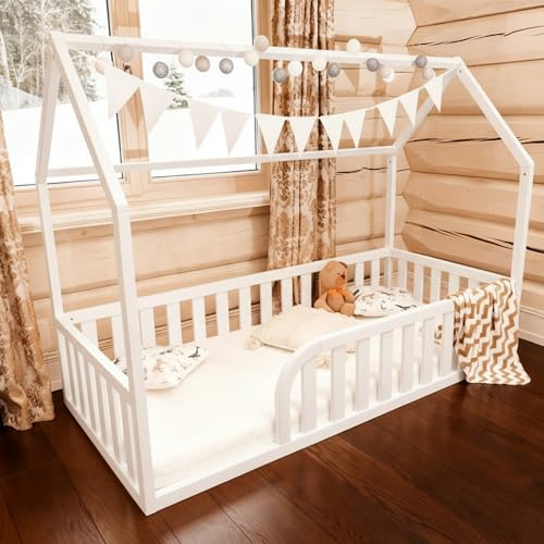 Mandrele Bodenbett 90x160 für Kleinkinder, Montessori Hausbett aus FSC-Kiefernholz Weiß, Kinderbett mit Lattenrost und 41 cm Rausfallschutz, Einstieg Links