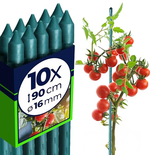 KADAX Blomstöd av stål 10 stycken, 90 cm x 16 mm belagd växtstång, växtspaljé, väderbeständigt växtstöd, tomatstavar, växtstöd med krokar
