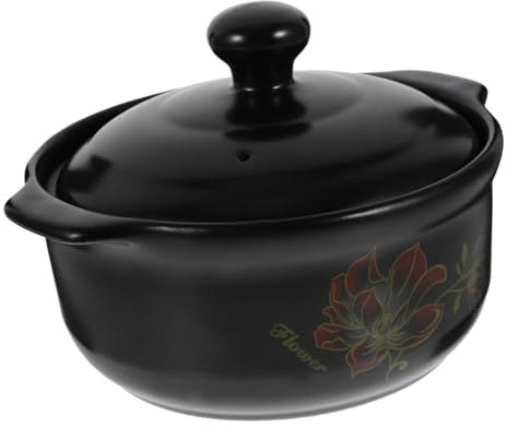 FUNOMOCYA Olla De Barro Para Cocinar 1,6l Tapa Negra, Olla De Cerámica Gruesa Resistente Al Fuego, Apta Para 1-2 Personas, Adecuado Para Guisar Sopas y Estofados Cocina Doméstica