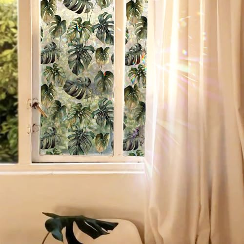 Funlife Fensterfolie Dekorfolie 43x300 cm Blickdicht Statisch Farbglas Regenbogen Fensterfolie für Badezimmer Küche Schlafzimmer Grün Monstera Blätter