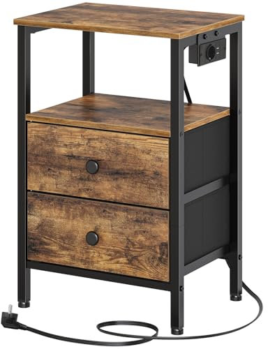YATINEY Nachttisch mit Ladefunktion, Nachtschrank mit 2 Schubladen, Beistelltisch mit USB-Anschlüssen und Regalen, für Wohnzimmer, Schlafzimmer, Vintagebraun und Schwarz XET02CBR