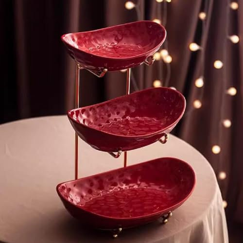 JUNYFFF Fruteros De Cocina Modernos Cerámica, 3 Pisos Cesta Frutas Y Verduras Estable Y Sin Sacudidas, Cocina Frutero con Pararse Metálico para Sala De Estar, Cocina, Rojo