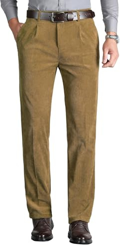 KTWOLEN Pantalon en Velours Côtelé pour Homme Taille Normale Décontracté Pantalon Droite Léger Dress Pantalons avec Poches, Kaki, 34