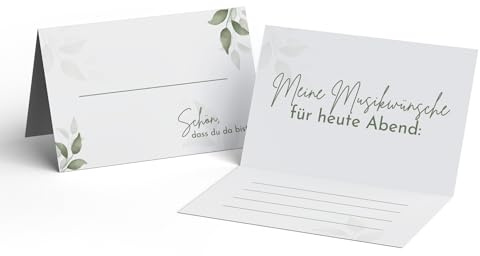 Tischkarten Hochzeit (50 Stück) Platzkarte mit Eukalyptus zum Geburtstag mit Musikwunschkarte in der Innenseite I Stabile Namenskarte (8,5cm x 5cm) Schön, dass Du da bist
