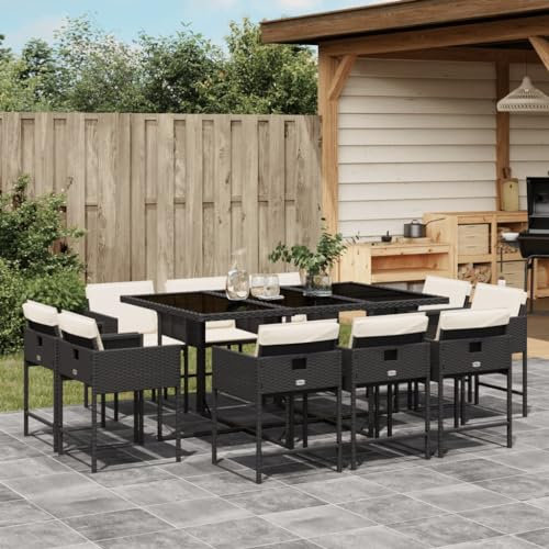Gecheer 11-TLG. Garten Essgruppe 10 Personen, Polyrattan Sitzgruppe, Balkonmöbel Set, Rattan Gartenmöbel Set, Gartengarnitur Set, Balkon Lounge, Gartentisch Set, Terrassenmöbel Set, Kissen, Schwarz