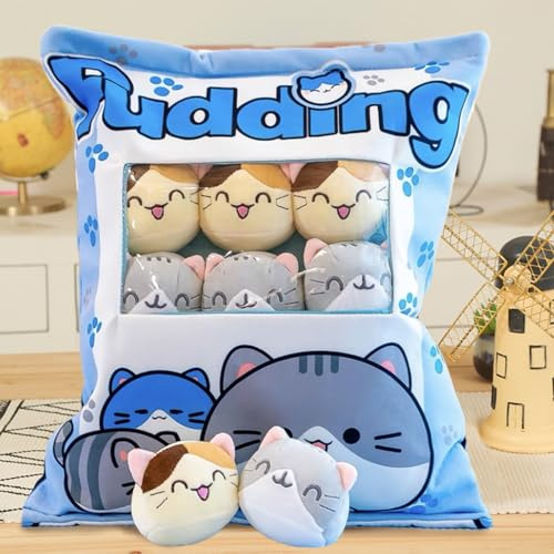 MeHoo Pudding Cat Pillow Plush, Cute Snack Pillow Stuffed Animal Toys, Removable Snack Plush Cuddly Toy Pudding Decorative Cushion with 8 Kittens Plush Dolls (Blue Cat)