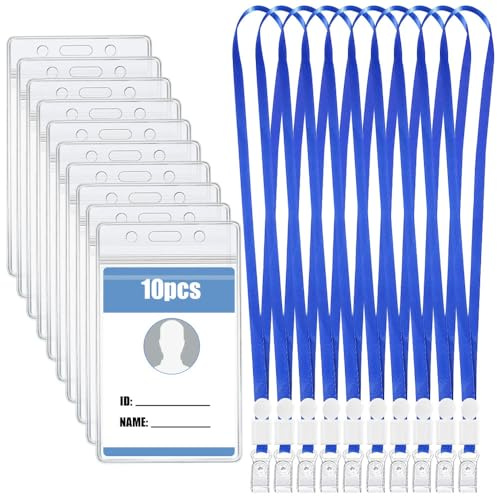 AZWOOD Porte Badge tour de Cou, 10pcs 11,5 x6,5cm Porte Cartes Étanche avec Cordon Bleu, Verticaux Porte Badges PVC Transparent pour les Affaires, les Foires, les Entreprises, les éColes