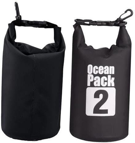 Dry Bag Wasserdichte Tasche, 2L Wasserdichter Drybag, Wasserfester Packsack mit Verstellbarer Schulterriemen, Wasserfester Beutel & Packsack, Ideal für Boot, Kajak, Angeln und Camping, Schwarz