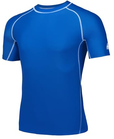 AMZSPORT Herren Rash Guard Shirt, UPF 50+ UV Schutz Kurzarm T-Shirt, Schnelltrocknendes Sonnenschutz Vest für Schwimmen, Surf, Laufen, Angeln, Blau, M