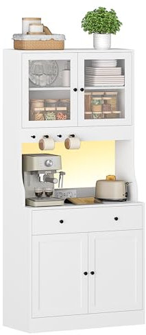 Küchenschrank mit Arbeitsfläche, Buffetschrank mit Schublade, Sideboard mit LED, Steckdose, Glasschranktür, Verstellbare Ablagen, Küche, Wohnzimmer, Esszimmer, Weiß