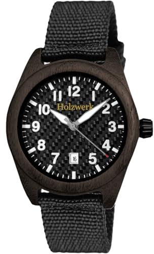 Handgefertigte Holzwerk Designer Damen Herren Uhr Öko Natur Holz Armband Analog Klassisch Quarz in Schwarz Braun Weiß Datum mit Textil Nylon Armband