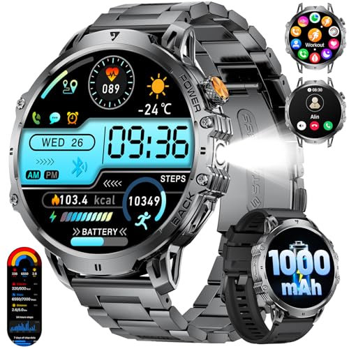 BENYAR SMART-Smartwatch Herren mit 1000 mAh Lange Akku, 1,85'' Großes Display Militär Smart Watch mit LED-Taschenlampe, Anrufe für Android iOS, IP68 Wasserdicht 120+ Sportmodi Sportuhr, 2 Armbänder