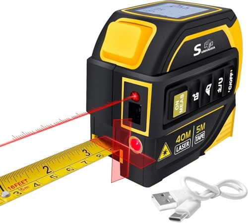 4-in-1 Laser Tape Measure with Laser Level Crosshairs |130ft/40m Laser Distance+16ft/5m AutoLock Tape | Backlit LCD Display (Ft/Inch/M/mm) | for DIY,Construction, Interior Design