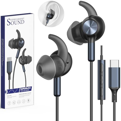 Cuffie USB C In Ear Tappi Auricolari Antiscivolo Microfono e Controllo Volume Cuffie con Filo per Samsung Galaxy S25 Ultra S24 A16 iPhone 17 16 15 iPad Pixel 9 8 per Sport Gaming Ufficio Musica Nero