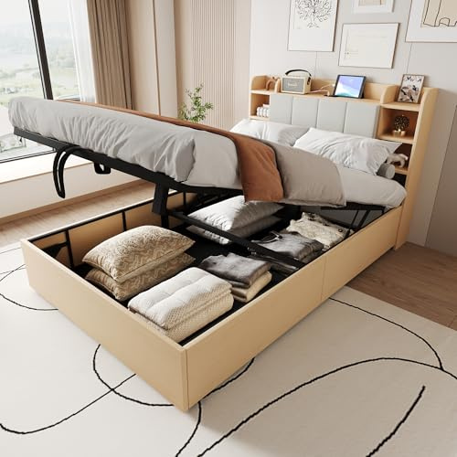 TOBIDOEN Doppelbett Holzbett 140x200 cm mit Bettkasten, Kopfteil mit mehrere offenem Ablagefächer und Versteckter Staufach, Multifunktionsbett Jugendbett, Holzfarbe