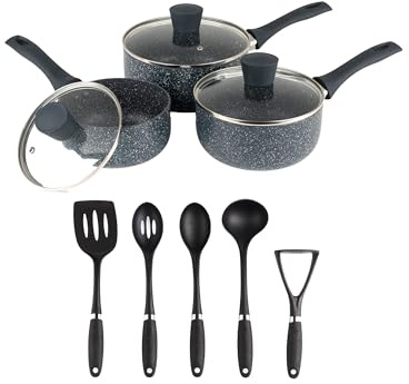 Russell Hobbs 8-Piece Pan & Utensil Set - 16/18/20 cm Non-Stick Saucepans, Glass Lids Included, Induction, Forged Aluminium, Masher, Spatula, Slotted/Solid Spoon, Ladle, Soup, Sauces, Easy to Clean