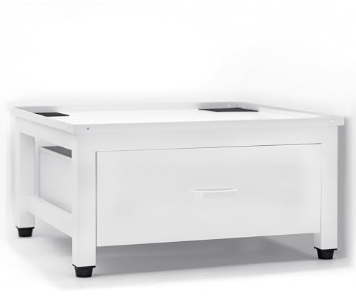 Waschmaschinenuntergestell mit Auszug Schublade | 62 x 55,5 x 34 cm (LBH) stabiler Metall-Rahmen pulverbeschichtet 150 kg | Podest incl. hochwertiger Schublade | Soft-Stand Füße höhenverstellbar