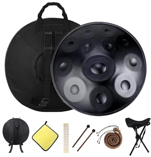22 Inches Kurd Handpan, 432Hz 440Hz Handpan Drums For Adults, D Minor - 9/10/12 Note Hand Pan Drum With Soft Bag, Mallets, Stand, Steel Drums Instrument(Black,440HZ/12Note)