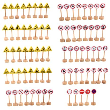 PartyKindom 50 pièces Lot de Panneaux Routiers Bois Réversibles Éducatif de Signalisation pour Garçon Fille Développement Cognitif et Motricité Fine pour Jeux de Construction et Apprentissage